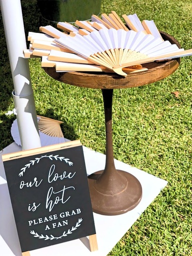 [Guests Comfort] Bamboo Paper Hand Fans Stand with Signage (50 Fans)