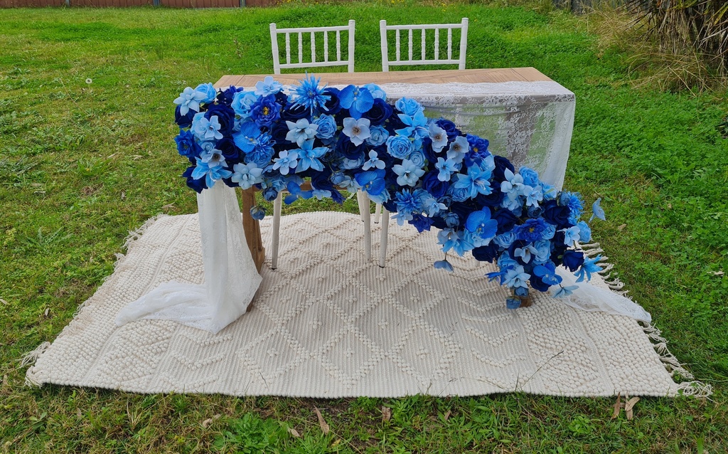 Vivid Blue Florals package- Arbour x2 arrangements,plinths x2 & signing table