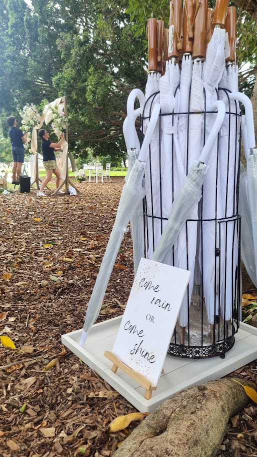 White Wedding Umbrellas with Stand & Signage (For HIRE)