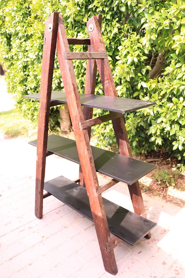 Vintage Brown Wooden Ladder with 3 Shelves