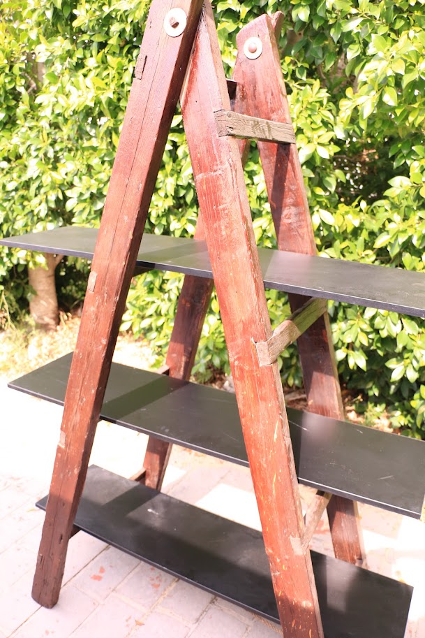 Vintage Brown Wooden Ladder with 3 Shelves