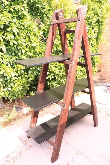 Vintage Brown Wooden Ladder with 3 Shelves